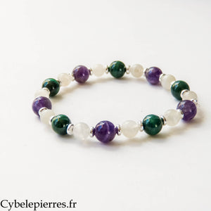 Adventure Bracelet - White Moonstone, Amethyst and Malachite (8 mm and 6 mm) - 18 cm | Intuition and Renewal