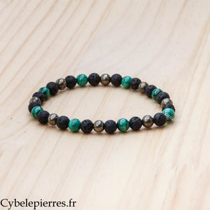 Bracelet Structure – Malachite, Pierre de lave et Pyrite (6 mm) – 19 cm | Ancrage et Évolution