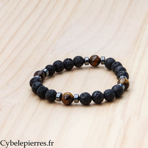 Bracelet Instinct – Pierre de lave et Oeil de tigre (8 mm) – 19 cm | Protection et Assurance