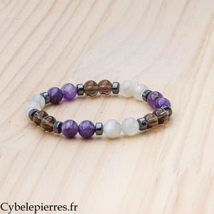 Bracelet Intuition – Pierre de lune blanche, Améthyste et Quartz fumé (8 mm) – 18 cm | Clarté et Ancrage