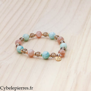 Bracelet Élan – Quartz fumé (6 mm), Amazonite et Pierre de soleil (8 mm) – 18 cm | Ancrage et Vitalité
