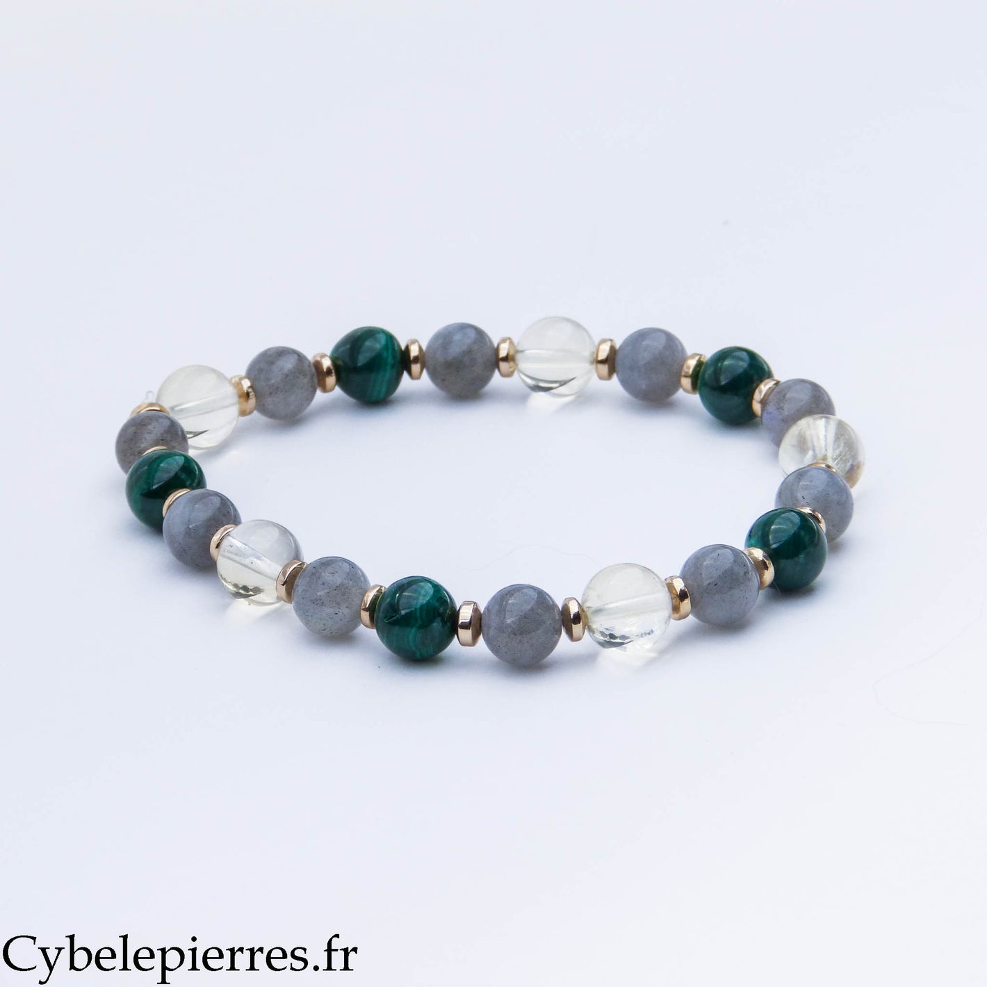 Pulsera de citrino, labradorita y malaquita extra (8 mm) – 16 cm | Positividad y protección