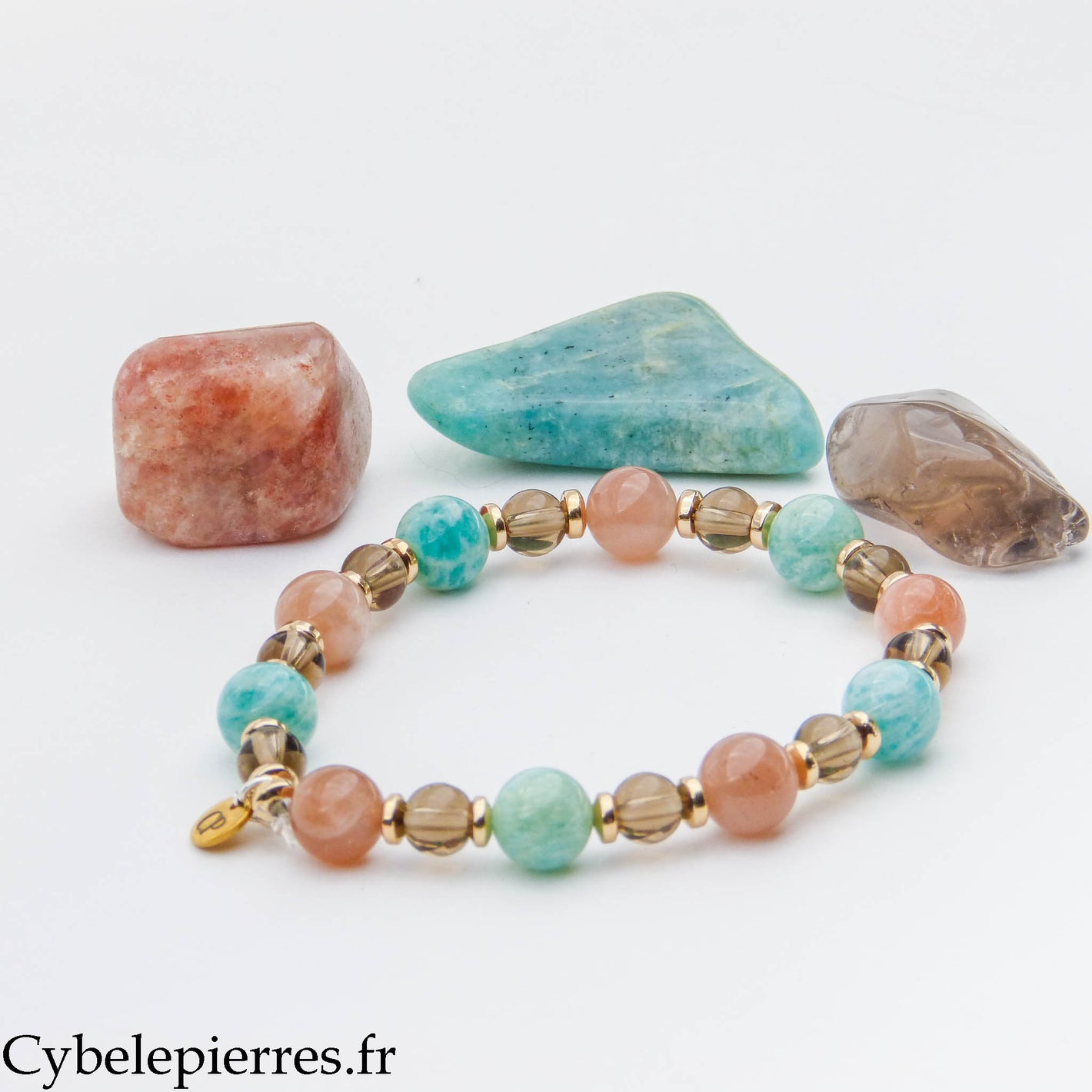 Bracelet Élan – Quartz fumé (6 mm), Amazonite et Pierre de soleil (8 mm) – 18 cm | Ancrage et Vitalité