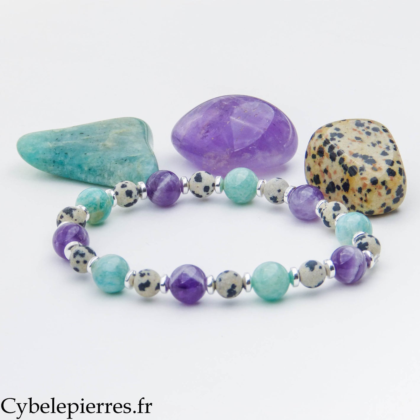 Bracelet Liberté – Jaspe dalmatien (6 mm), Améthyste et Amazonite (8 mm) – 18 cm | Légèreté et Expression