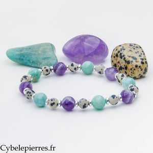 Bracelet Liberté – Jaspe dalmatien (6 mm), Améthyste et Amazonite (8 mm) – 18 cm | Légèreté et Expression