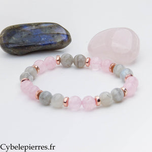 Bracelet Équilibre – Quartz rose et Labradorite (8 mm) – 19 cm | Douceur et Protection