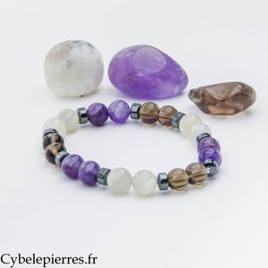 Bracelet Intuition – Pierre de lune blanche, Améthyste et Quartz fumé (8 mm) – 18 cm | Clarté et Ancrage