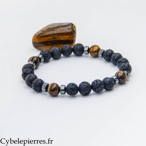 Bracelet Instinct – Pierre de lave et Oeil de tigre (8 mm) – 19 cm | Protection et Assurance
