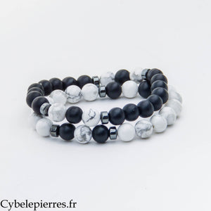 Duo Équilibre – Howlite et Onyx (8 mm) – 18-19 cm | Dualité et Harmonie