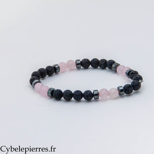 Bracelet Chakra du Cœur – Pierre de Lave et Quartz Rose (6 mm) – 17 cm | Apaisement et Tendresse