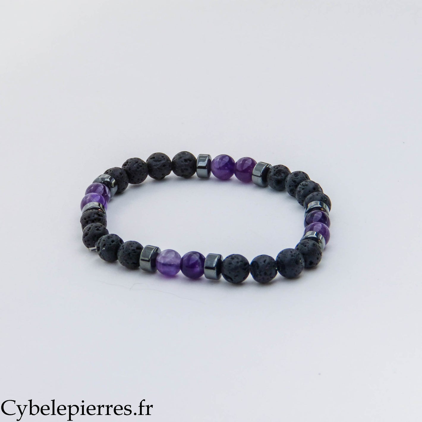 Bracelet Chakra Coronal – Pierre de Lave et Améthyste (6 mm) – 17 cm | Harmonie Globale et Inspiration