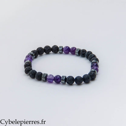 Bracelet Chakra Coronal – Pierre de Lave et Améthyste (6 mm) – 17 cm | Harmonie Globale et Inspiration