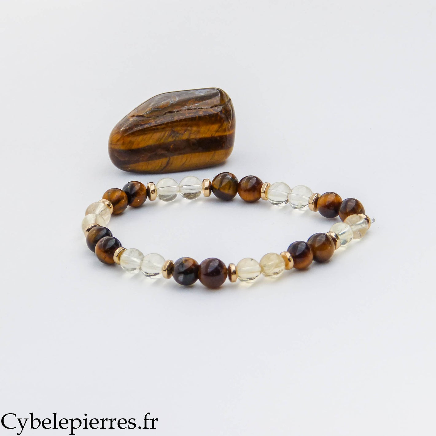 Bracelet Solis – Œil de Tigre et Citrine (6 mm) – 17 cm | Confiance et Abondance