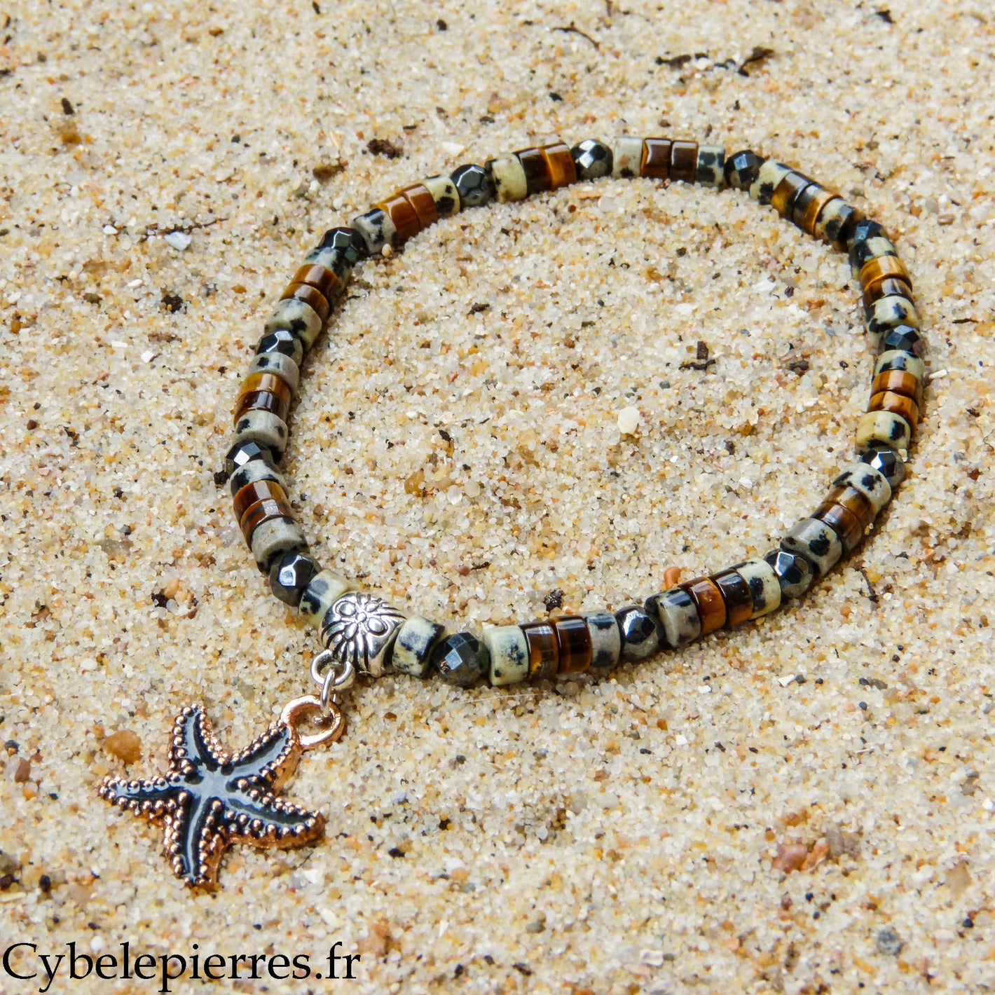 Bracelet Summer - Nérée - Jaspe dalmatien, Œil de tigre et Hématite facettée (3-4 mm) - 18 cm | Ancrage et confiance