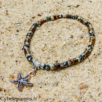 Bracelet Summer - Nérée - Jaspe dalmatien, Œil de tigre et Hématite facettée (3-4 mm) - 18 cm | Ancrage et confiance