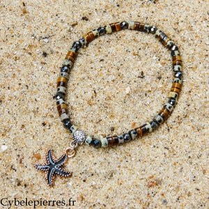 Bracelet Summer - Nérée - Jaspe dalmatien, Œil de tigre et Hématite facettée (3-4 mm) - 18 cm | Ancrage et confiance