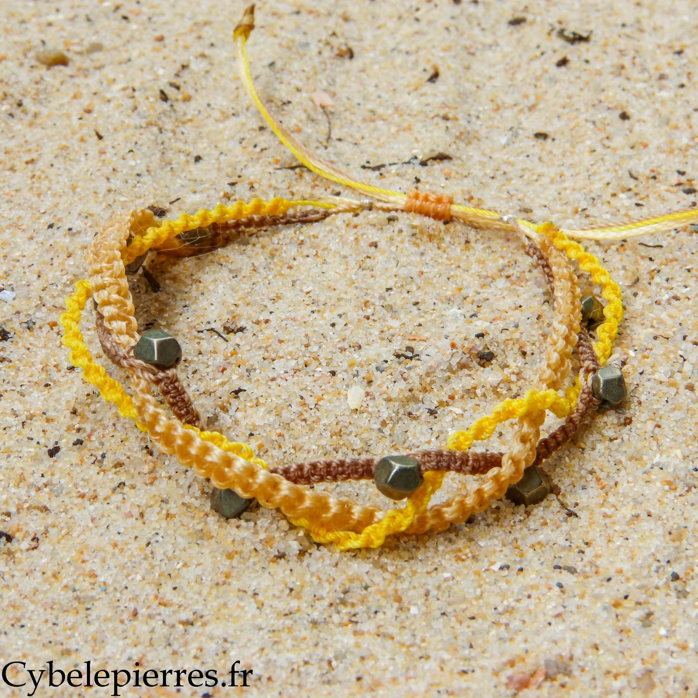 Bracelet Summer - Trio Estival Éclat Terre - Pyrite facettée et micro macramé - Taille réglable | Confiance et motivation