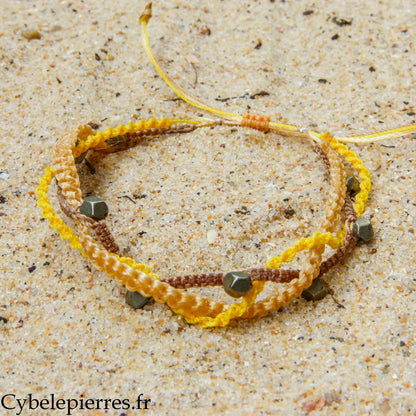 Pulsera "Trío Estival – Brillo Tierra" – micramé y pirita facetada