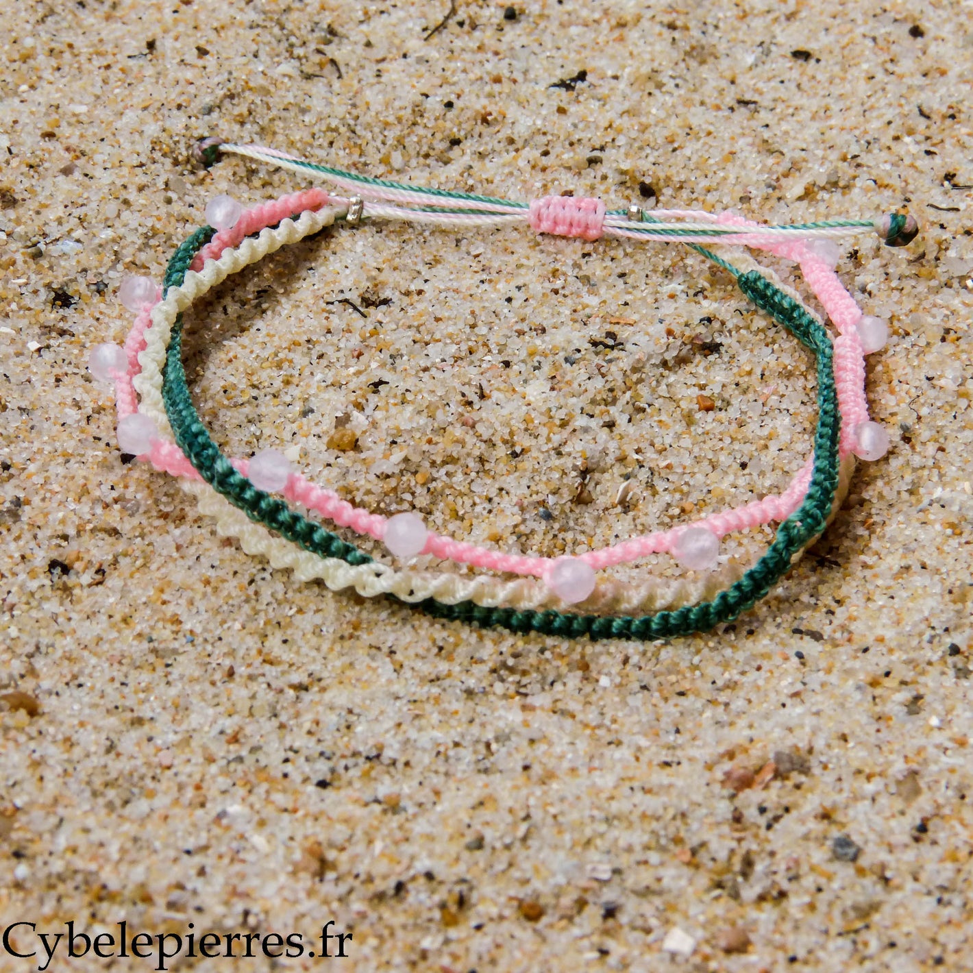 Bracelet Summer - Trio Estival Matin Pastel - Quartz rose et micro macramé - Taille réglable | Douceur et sérénité