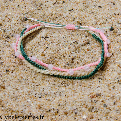 Pulsera "Trío Estival - Mañana Pastel" - micro macramé y cuarzo rosa