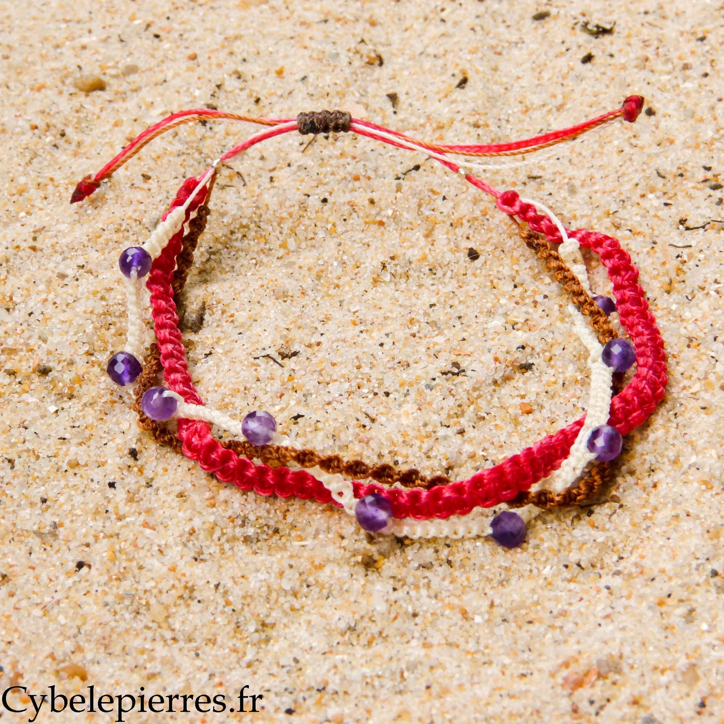 "Summer Trio – Raspberry Radiance" Bracelet – micro macrame & amethyst