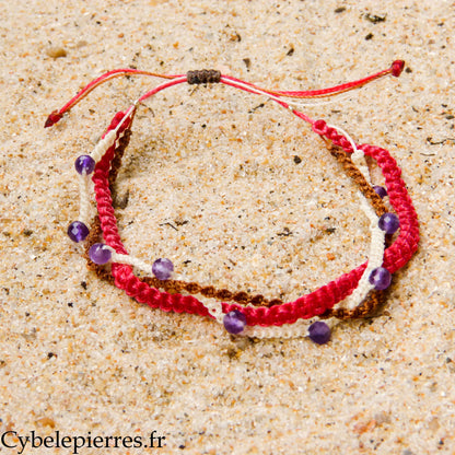 Pulsera "Trío Estival – Brillo Frambuesa" – micro macramé y amatista