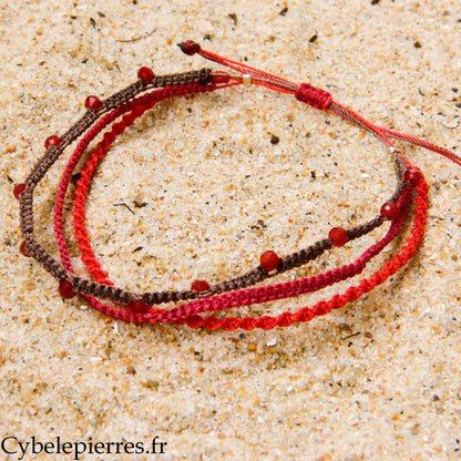 Pulsera "Trío Estival – Frutas Rojas" – micramé y cornalina