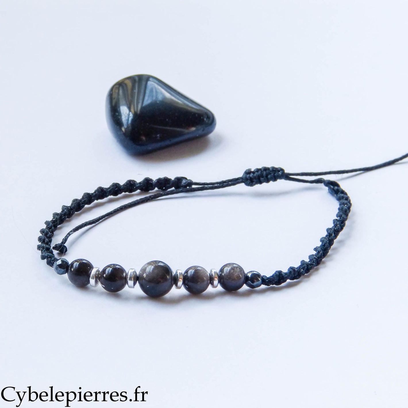 Bracelet réglable Obsidienne argentée