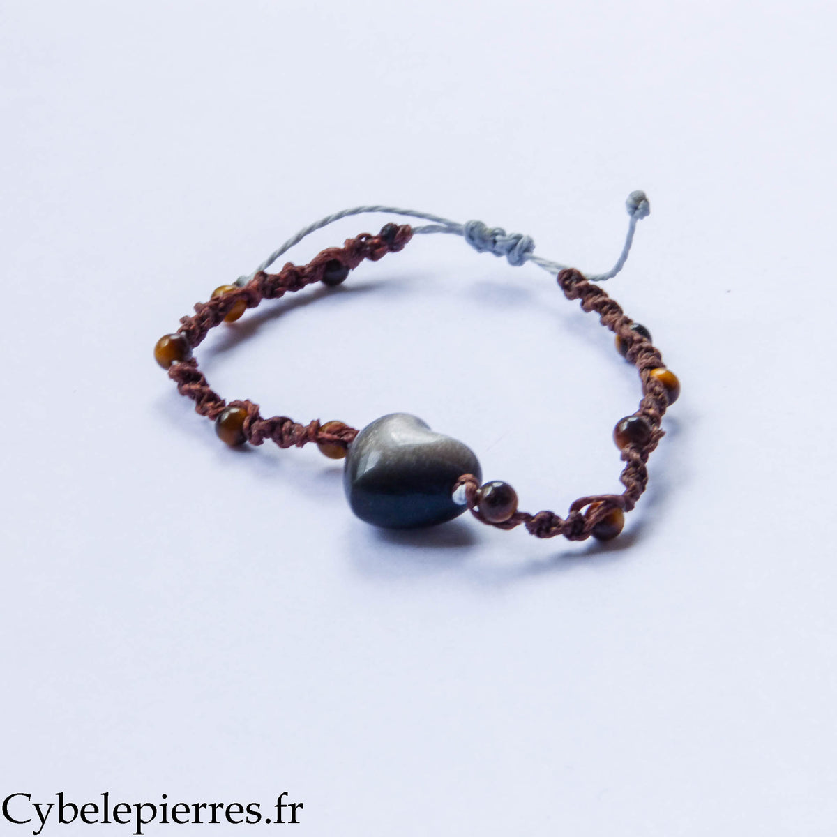 Tiger's Eye (4mm) Macrame Bracelet and Silver Sheen Obsidian Heart (2cm) | Protection and Stability