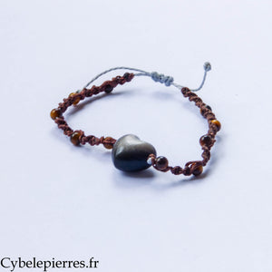 Tiger's Eye (4mm) Macrame Bracelet and Silver Sheen Obsidian Heart (2cm) | Protection and Stability