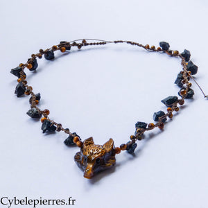 Collier Talisman du Loup – Tourmaline brute et Œil de tigre – Micro-macramé réglable | Pièce unique