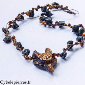 Collier Talisman du Loup – Tourmaline brute et Œil de tigre – Micro-macramé réglable | Pièce unique