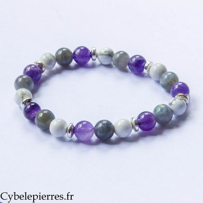 Bracelet Préservation – Labradorite, Howlite et Améthyste (8 mm) – 19 cm | Protection et Recul