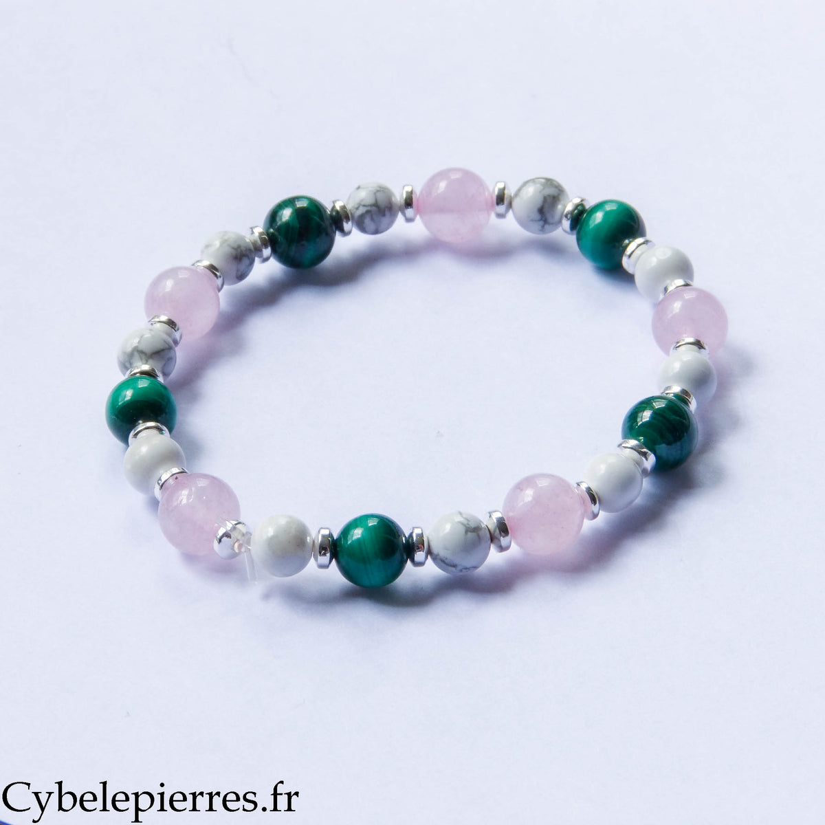 Bracelet Réconfort – Quartz rose, Malachite et Howlite (6 et 8 mm) – 18 cm | Douceur et Changement