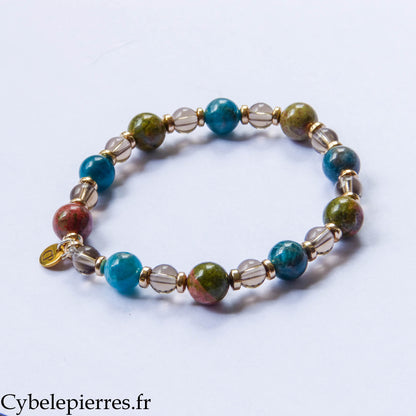Bracelet Cap – Unakite, Apatite bleue et Quartz fumé (6 et 8 mm) – 18 cm | Évolution et Ancrage