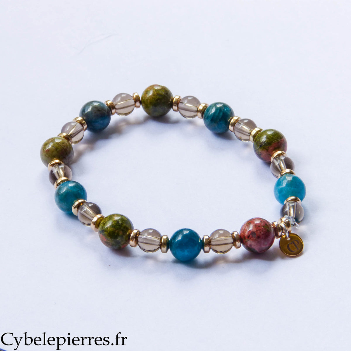 Bracelet Cap – Unakite, Apatite bleue et Quartz fumé (6 et 8 mm) – 18 cm | Évolution et Ancrage