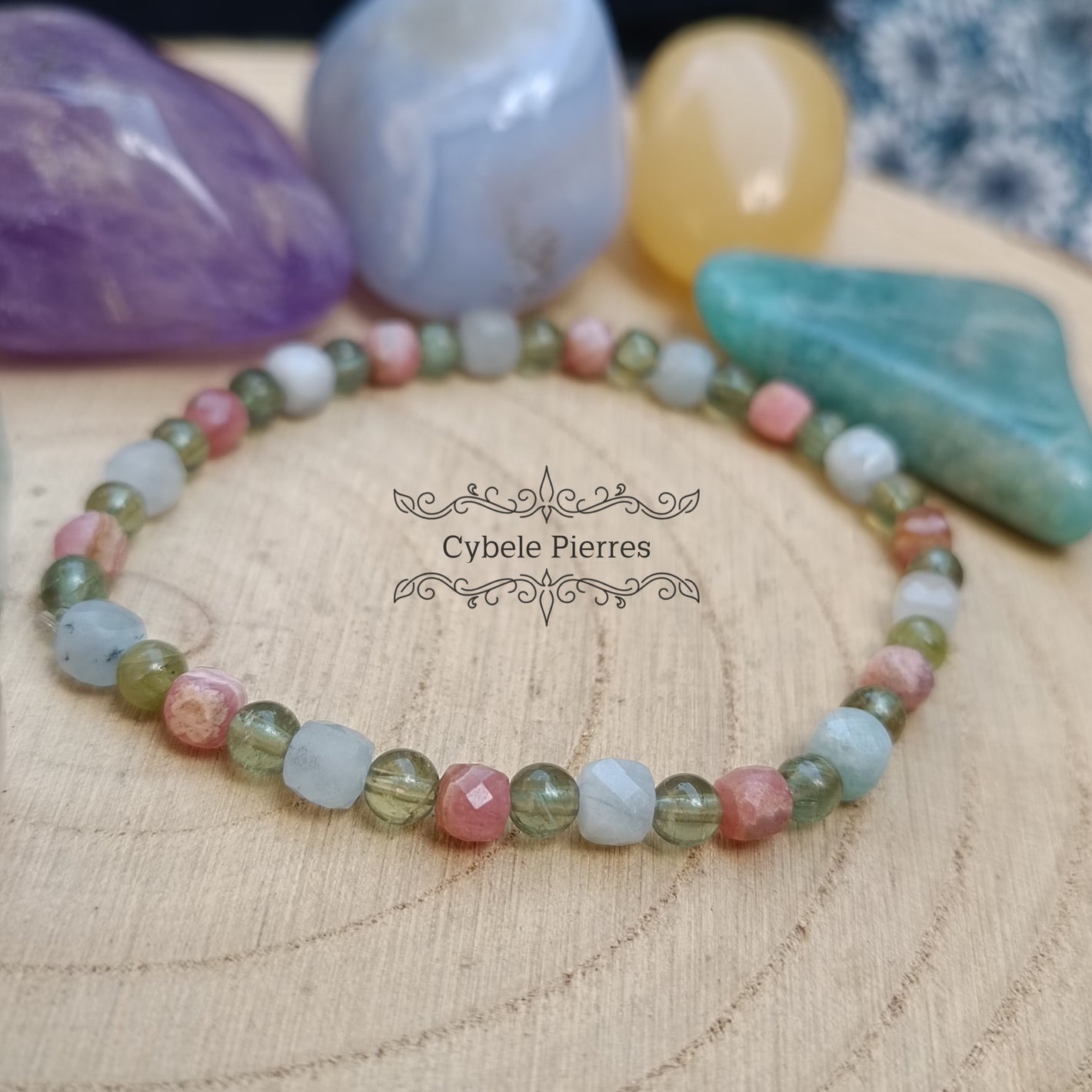 BraceletJoie - Rhodochrosite, Aigue-Marine et Apatite verte (4mm) - 17cm