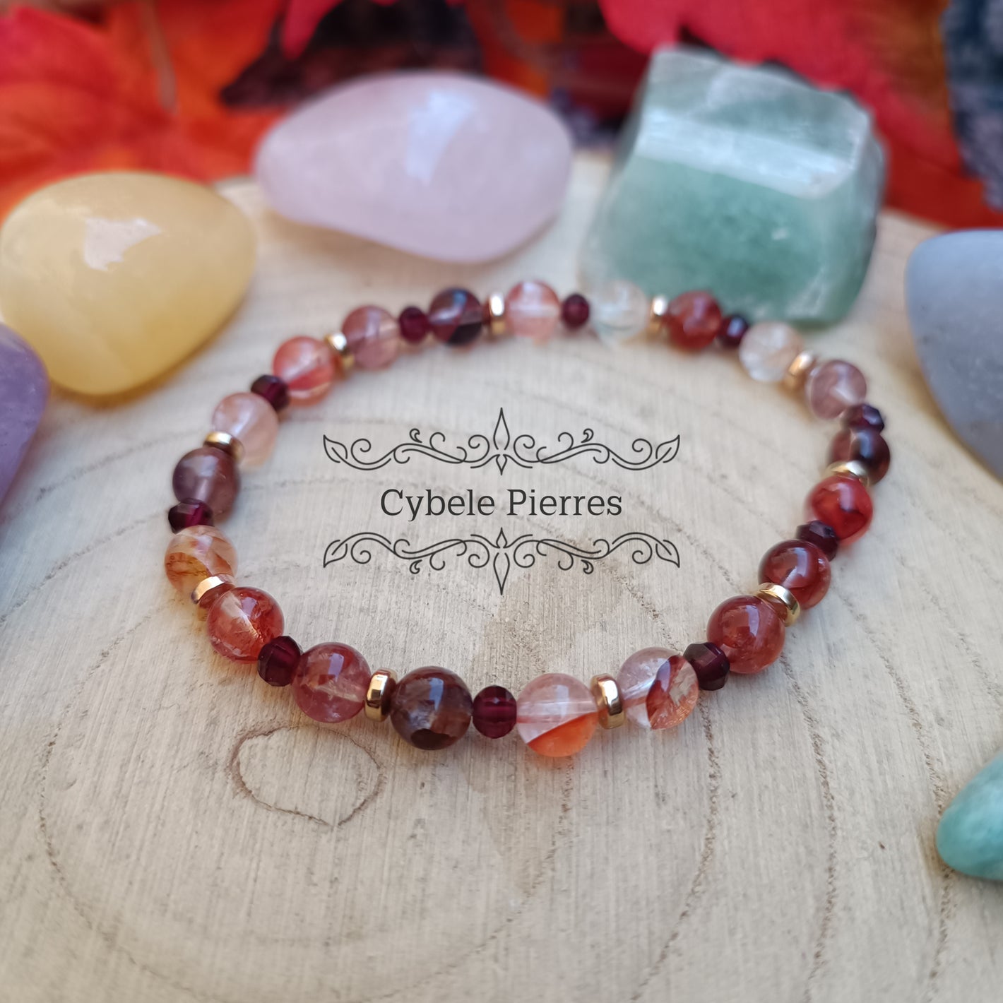 Bracelet  "Terre d'Automne " - Quartz Hématoïde rouge et Grenat Facetté (2mm et 6mm) - 18cm
