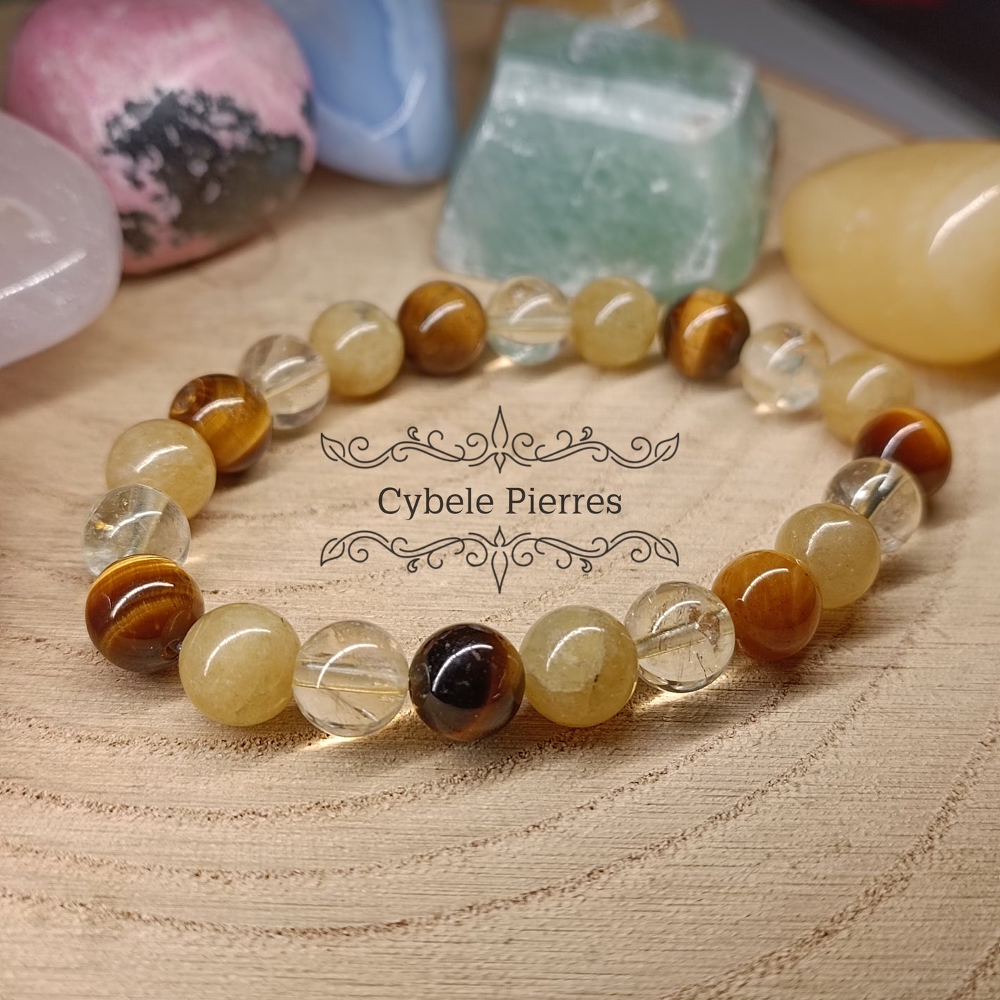 Bracelet triple chance - Oeil de tigre, Citrine et Héliodore (8mm) - 17cm