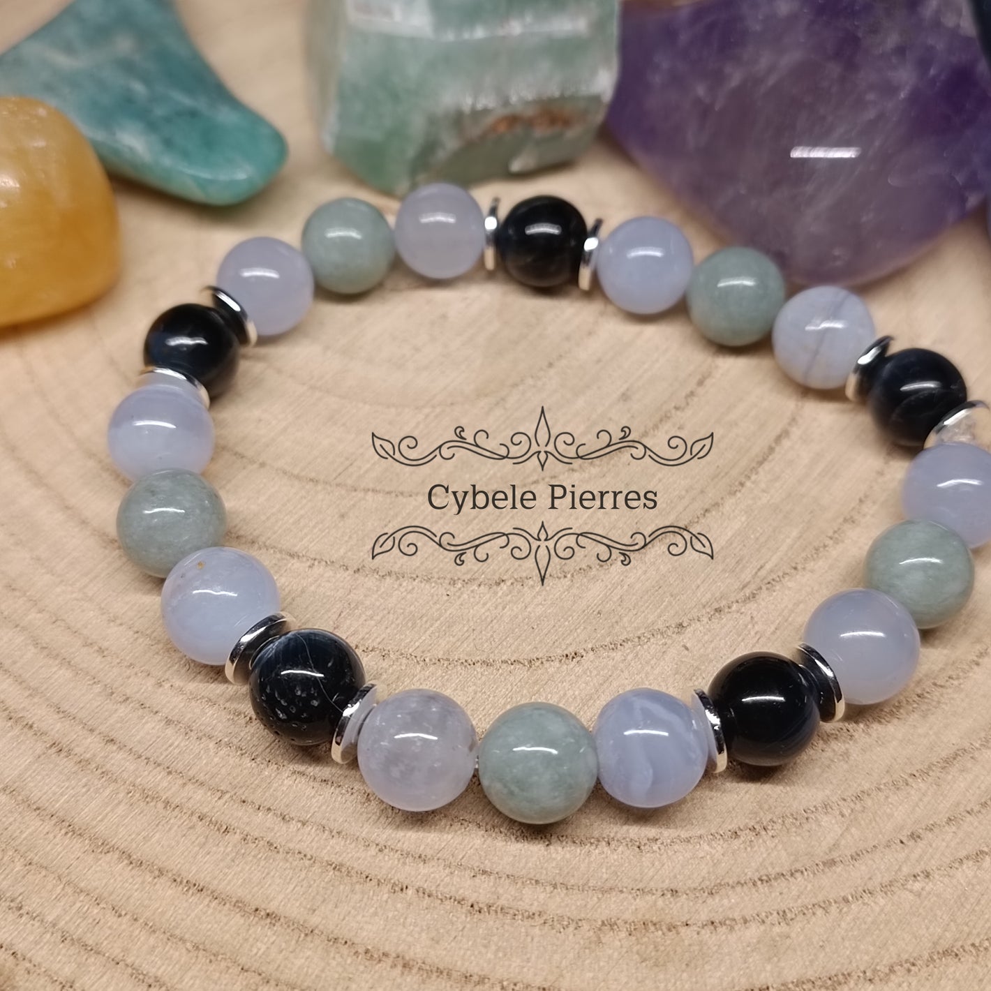 Bracelet Douce Perception :Oeil de Faucon, Calcédoine bleue et Jade de Birmanie (8mm) - 18cm