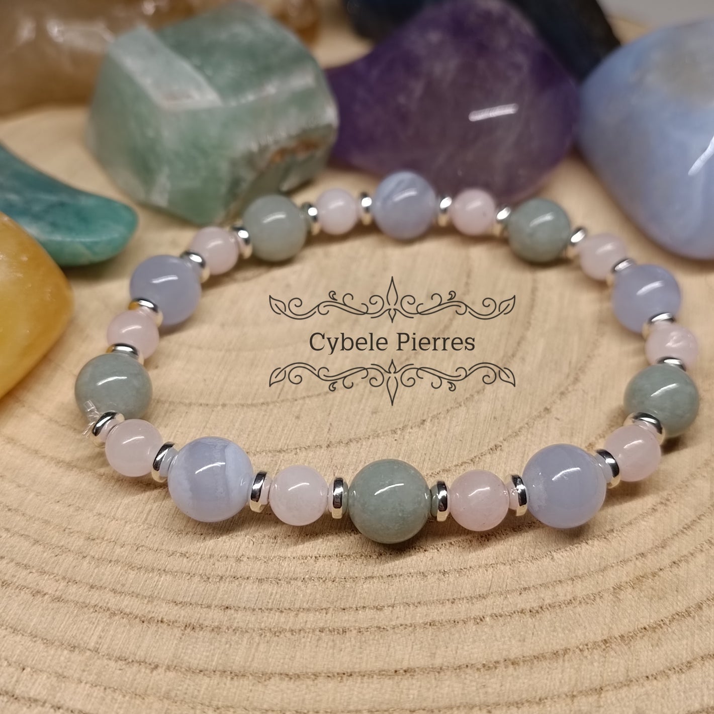 Bracelet Douce émotion : Quartz rose, Calcédoine bleue et Jade de Birmanie (6 et 8mm) - 18cm