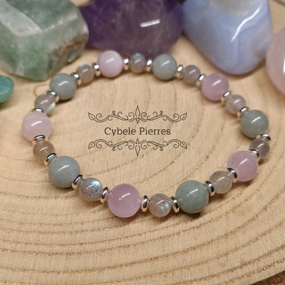 Bracelet Cocooning : Labradorite, Kunzite et Jade de Birmanie (6 et 8mm) - 18cm