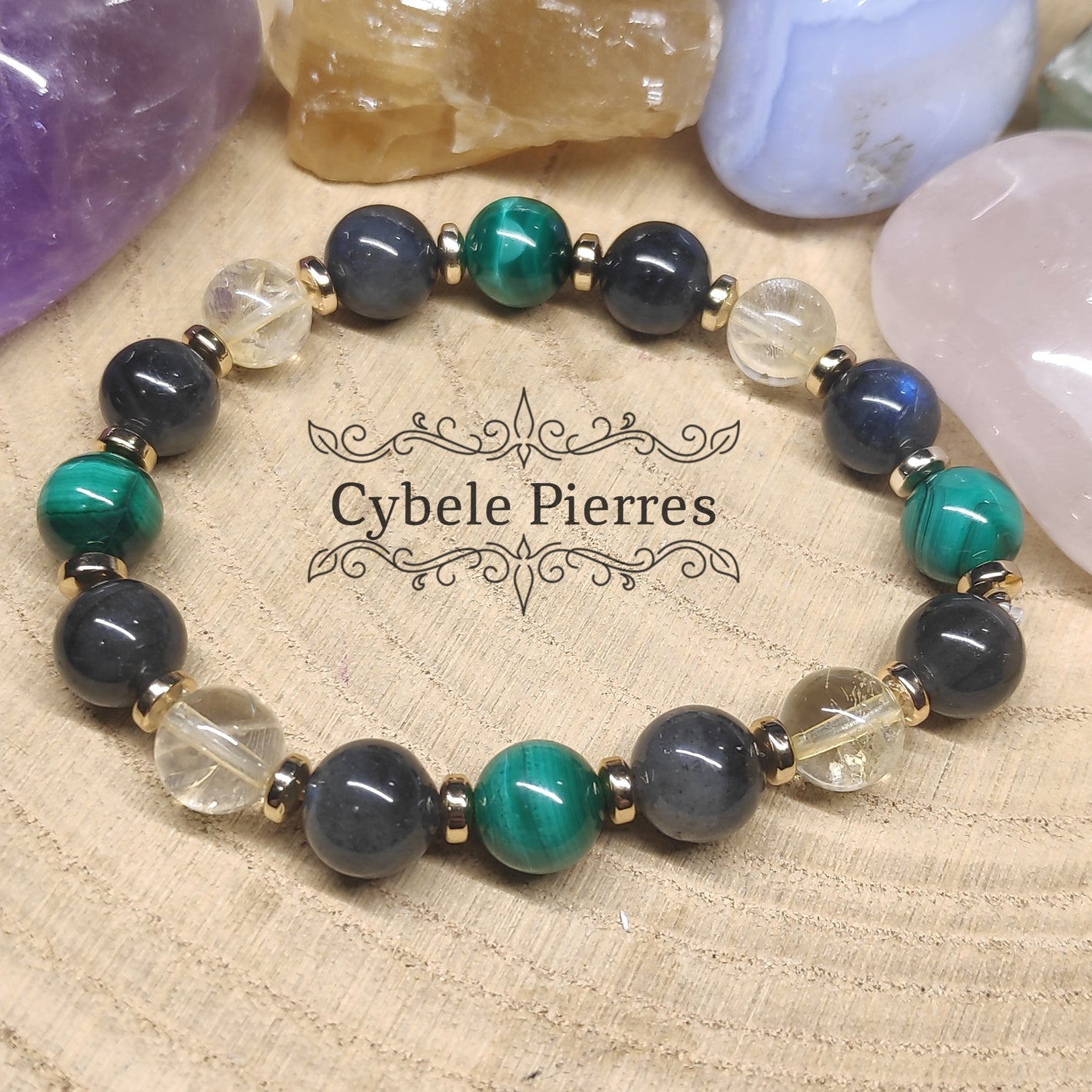 Bracelet Positivité et protection - Citrine, Labradorite et Malachite (8mm) - 16cm