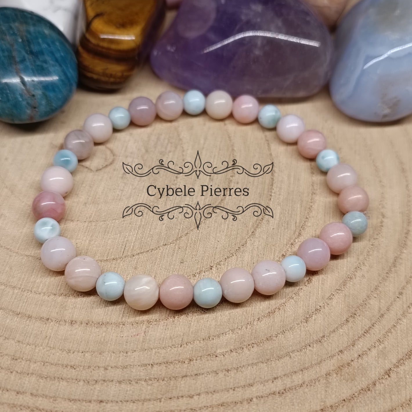 Bracelet Réconfort Printanier -Opale rose et Larimar  (4 et 6mm) - 18cm