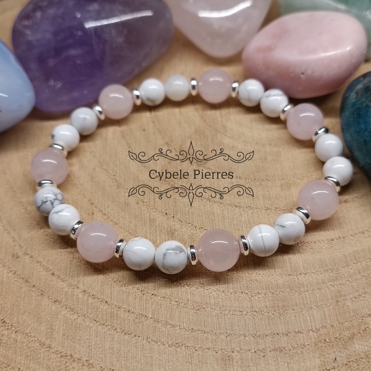 Bracelet Tendre Amour - Quartz rose et Howlite (6 et 8mm) - 18cm