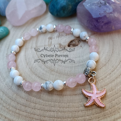 Bracelet "Summer" - Quartz rose et Howlite (6mm) - 18cm