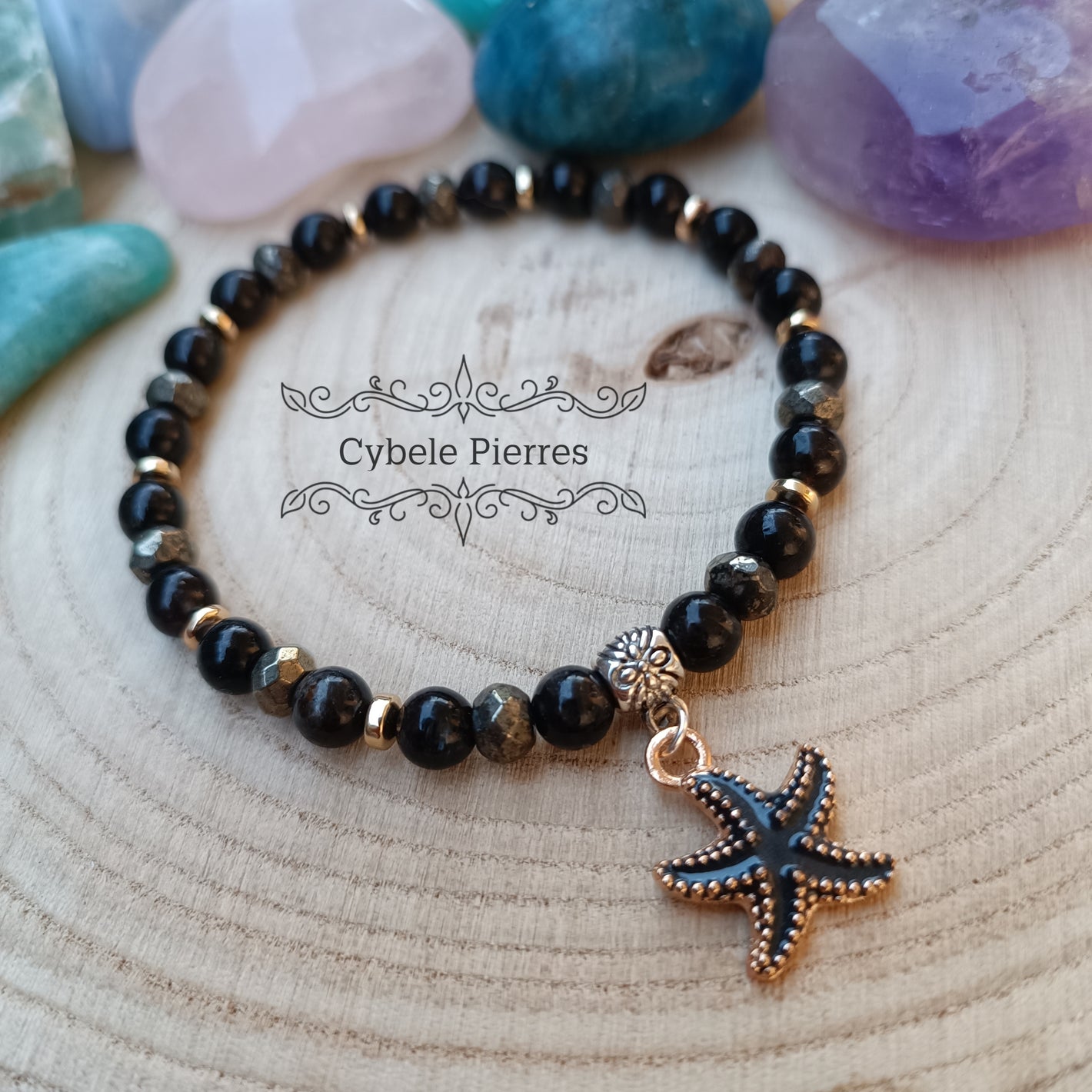 Bracelet "Summer" -Astrophyllite et Pyrite (6mm) - 18cm