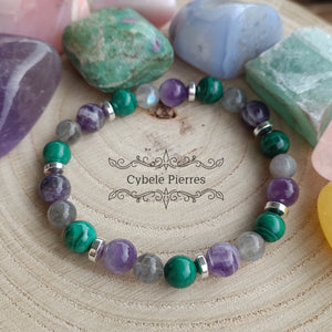 Bracelet Emotions : Malachite, Labradorite et Améthyste (8mm) - 19cm