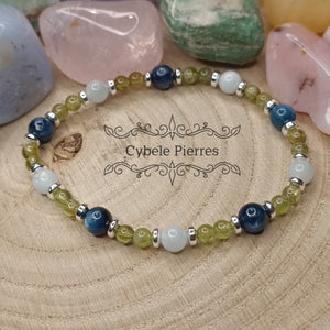 Bracelet Eclosion des projets : Aigue-marine, Cyanite et Péridot (3mm et 6mm) - 19cm