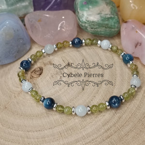 Bracelet Eclosion des projets : Aigue-marine, Cyanite et Péridot (3mm et 6mm) - 19cm